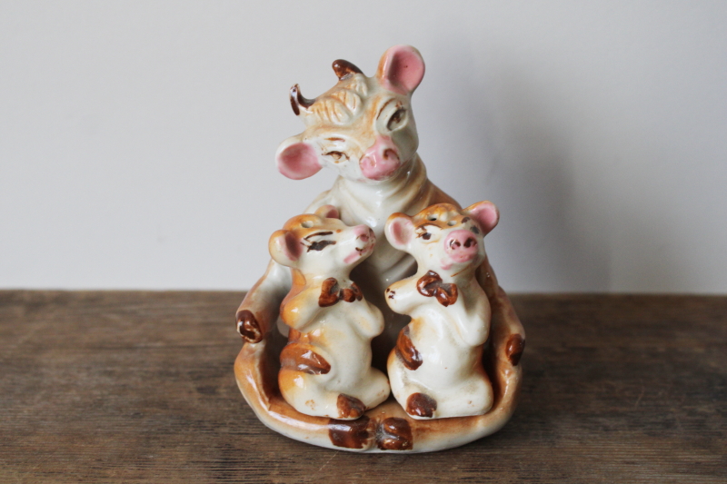 photo of vintage Japan hand painted ceramic Elsie the cow & twins calves S&P shakers set, calf salt & pepper w/ mama  #1