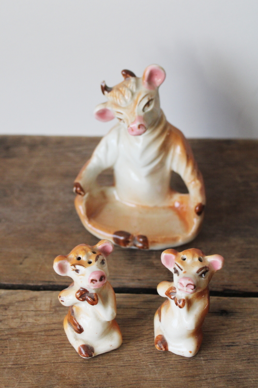 photo of vintage Japan hand painted ceramic Elsie the cow & twins calves S&P shakers set, calf salt & pepper w/ mama  #2