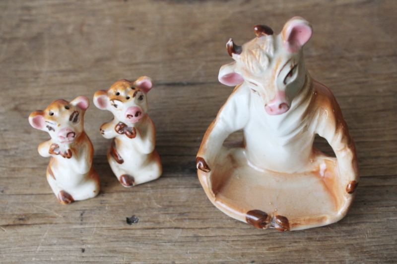photo of vintage Japan hand painted ceramic Elsie the cow & twins calves S&P shakers set, calf salt & pepper w/ mama  #5