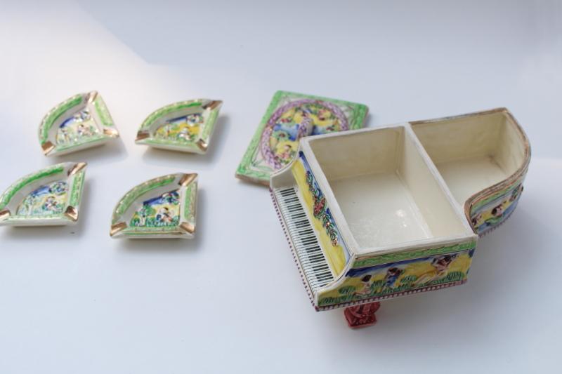 photo of vintage Japan hand painted ceramic ashtrays smoke set novelty french provincial piano  #5