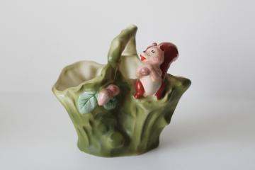 catalog photo of vintage Japan hand painted ceramic basket planter pot, tiny squirrel w/ acorns cute fall decor 