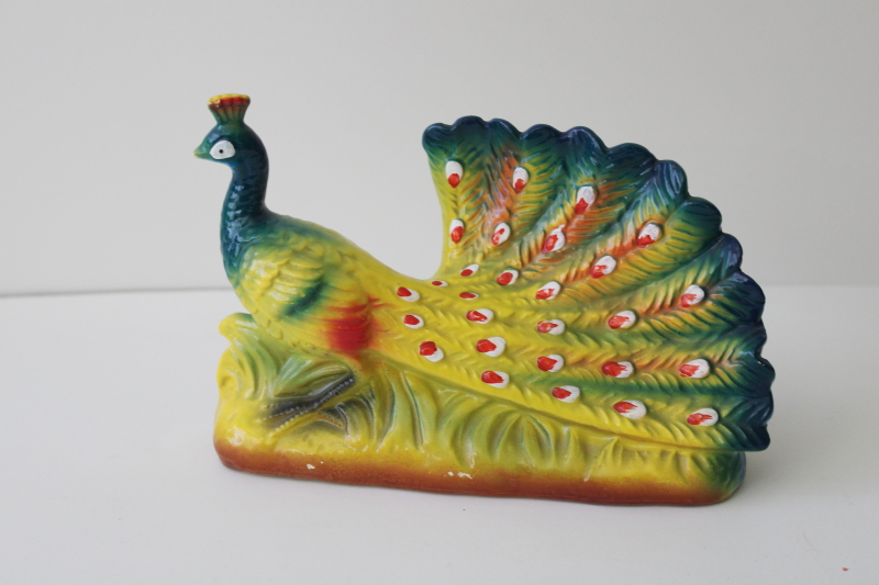 photo of vintage Japan hand painted ceramic peacock, large colorful bird figurine #1