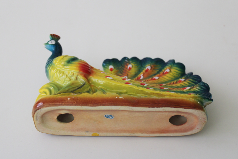 photo of vintage Japan hand painted ceramic peacock, large colorful bird figurine #4