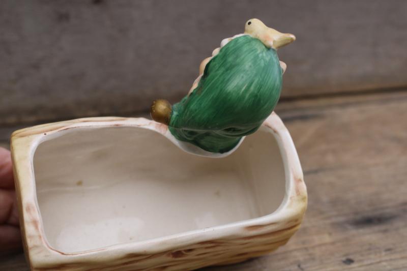 photo of vintage Japan hand painted ceramic planter pot, green gnome w/ bird on log  #3