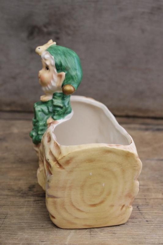 photo of vintage Japan hand painted ceramic planter pot, green gnome w/ bird on log  #4