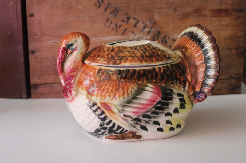 photo of vintage Japan hand painted ceramic turkey shape soup tureen or gravy bowl for Thanksgiving table #1