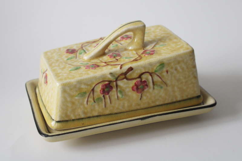 photo of vintage Japan hand painted cherry blossom majolica butter dish or covered cheese plate  #1