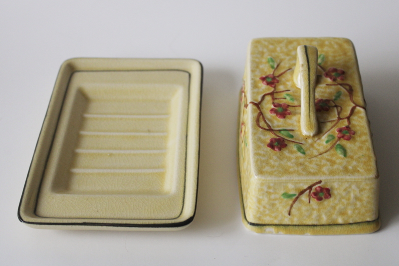 photo of vintage Japan hand painted cherry blossom majolica butter dish or covered cheese plate  #2