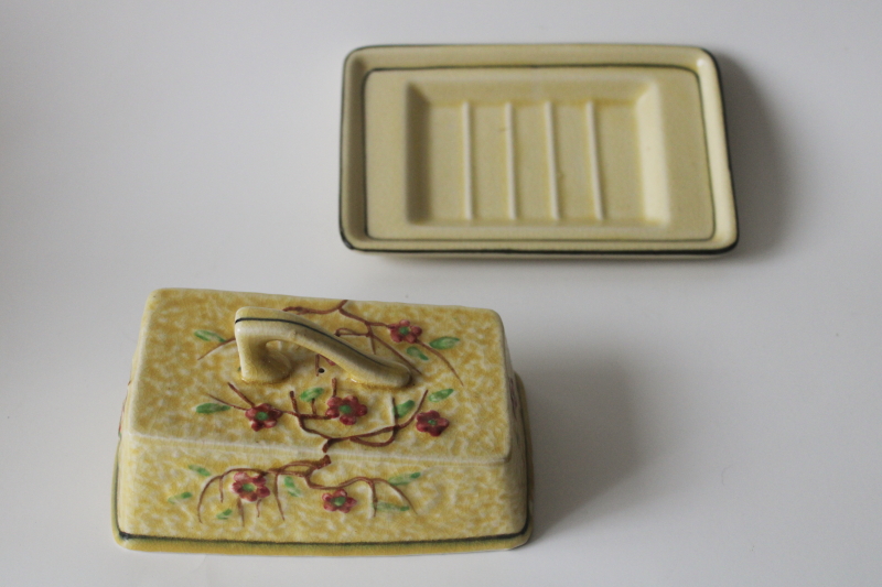 photo of vintage Japan hand painted cherry blossom majolica butter dish or covered cheese plate  #4