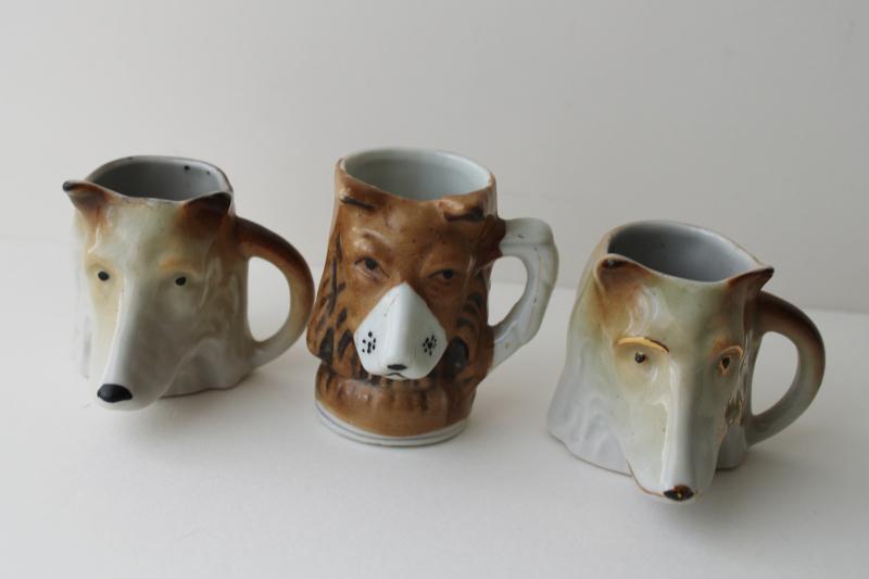 photo of vintage Japan hand painted china collie dogs Toby mugs, tiny figural cups #1