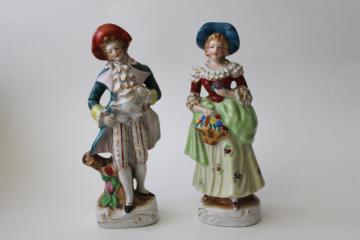 vintage Japan hand painted china figurines, pair large Dresden style figures