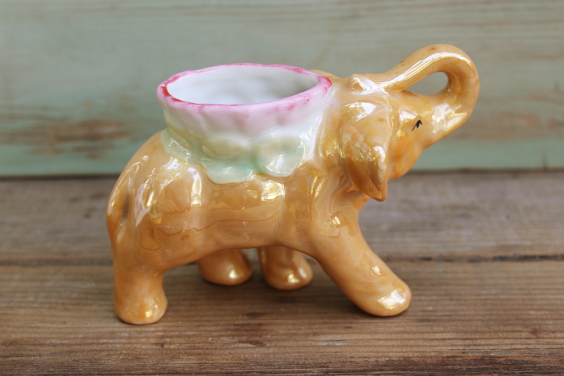 photo of vintage Japan hand painted china luster elephant figurine planter, trunk up lucky elephant #4