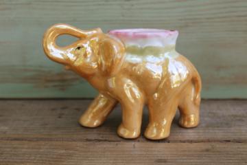 vintage Japan hand painted china luster elephant figurine planter, trunk up lucky elephant 