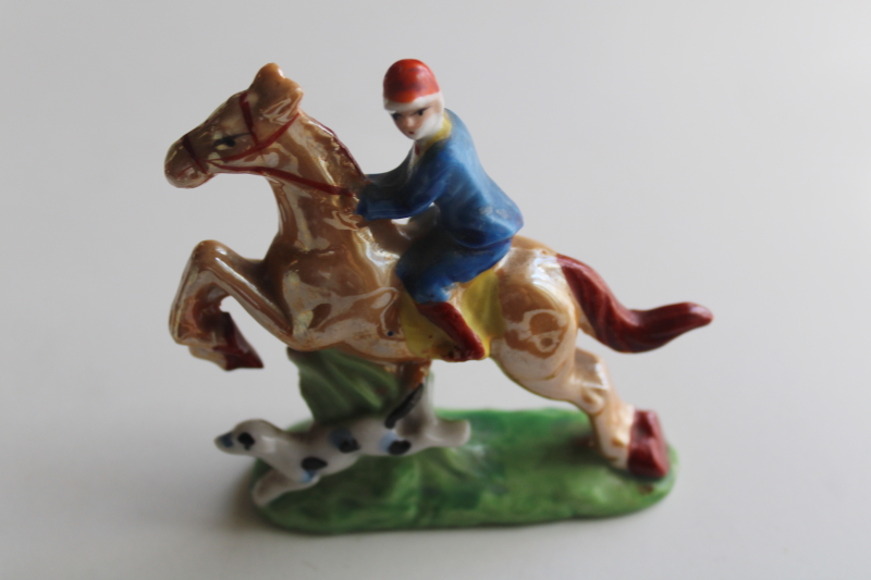 photo of vintage Japan hand painted china miniature figurine, horseback rider jockey w/ hound  #1