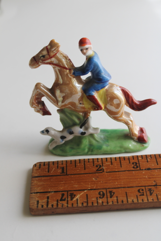 photo of vintage Japan hand painted china miniature figurine, horseback rider jockey w/ hound  #2