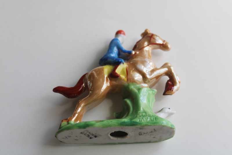 photo of vintage Japan hand painted china miniature figurine, horseback rider jockey w/ hound  #3