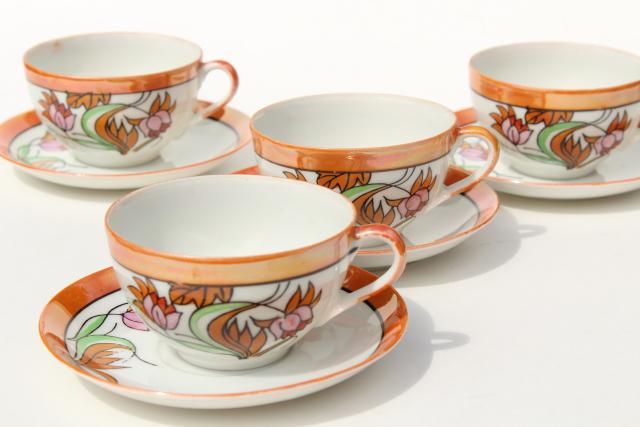 photo of vintage Japan hand painted china tea cups & saucers, art deco style floral orange luster #1