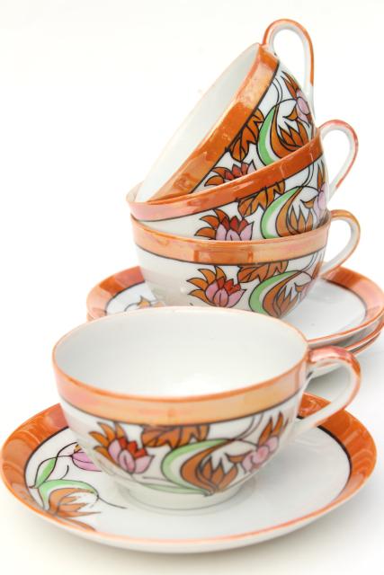 photo of vintage Japan hand painted china tea cups & saucers, art deco style floral orange luster #2