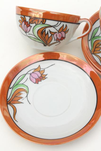 photo of vintage Japan hand painted china tea cups & saucers, art deco style floral orange luster #4