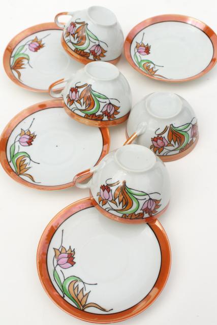 photo of vintage Japan hand painted china tea cups & saucers, art deco style floral orange luster #5