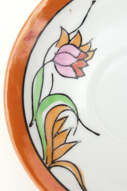 photo of vintage Japan hand painted china tea cups & saucers, art deco style floral orange luster #6