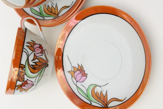 photo of vintage Japan hand painted china tea cups & saucers, art deco style floral orange luster #7