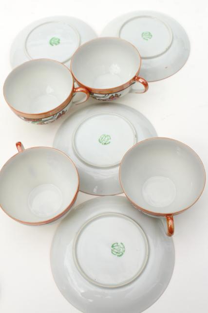 photo of vintage Japan hand painted china tea cups & saucers, art deco style floral orange luster #8