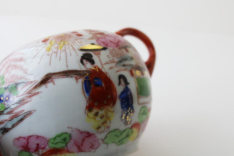 photo of vintage Japan hand painted geisha china teapot, character marks Kutani porcelain #3