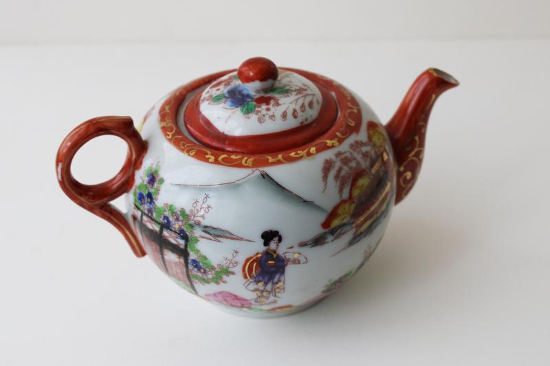 photo of vintage Japan hand painted geisha china teapot, character marks Kutani porcelain #4