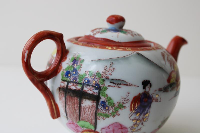 photo of vintage Japan hand painted geisha china teapot, character marks Kutani porcelain #8