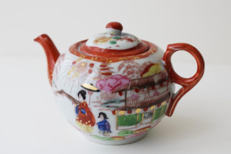photo of vintage Japan hand painted geisha china teapot, character marks Kutani porcelain #9