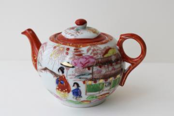 catalog photo of vintage Japan hand painted geisha china teapot, character marks Kutani porcelain