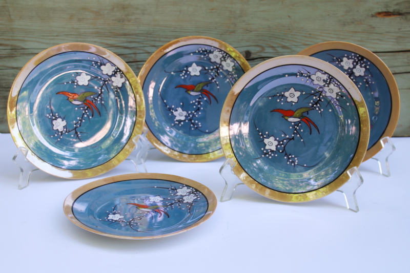 photo of vintage Japan hand painted luster porcelain plates, cream & sugar flying birds flowering branch  #1
