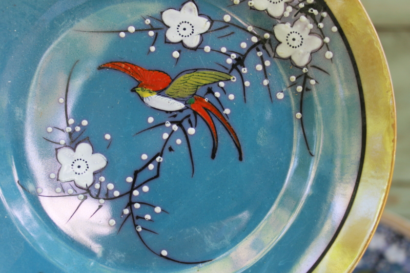 photo of vintage Japan hand painted luster porcelain plates, cream & sugar flying birds flowering branch  #2