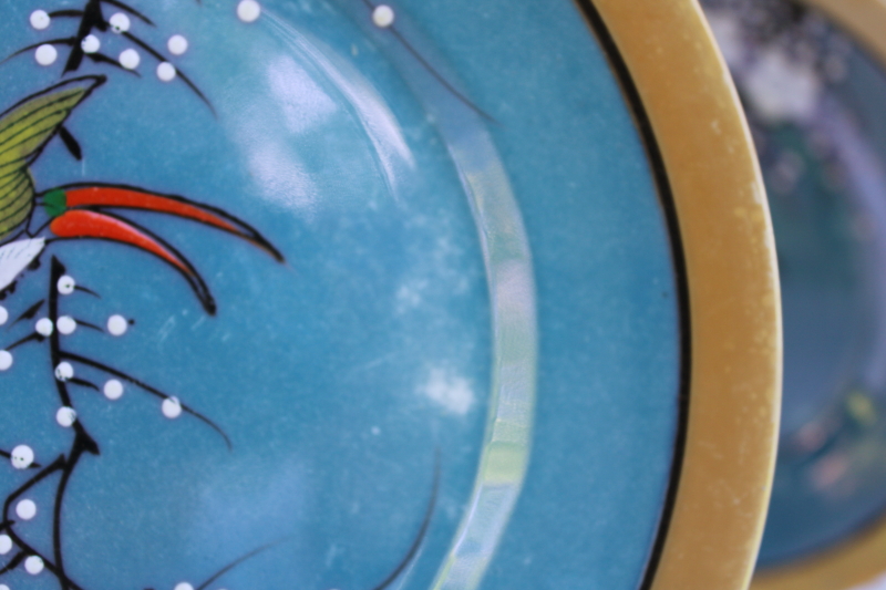 photo of vintage Japan hand painted luster porcelain plates, cream & sugar flying birds flowering branch  #3