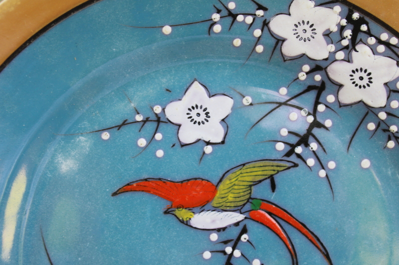 photo of vintage Japan hand painted luster porcelain plates, cream & sugar flying birds flowering branch  #4