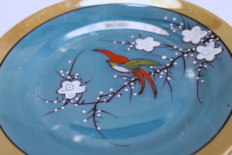photo of vintage Japan hand painted luster porcelain plates, cream & sugar flying birds flowering branch  #6