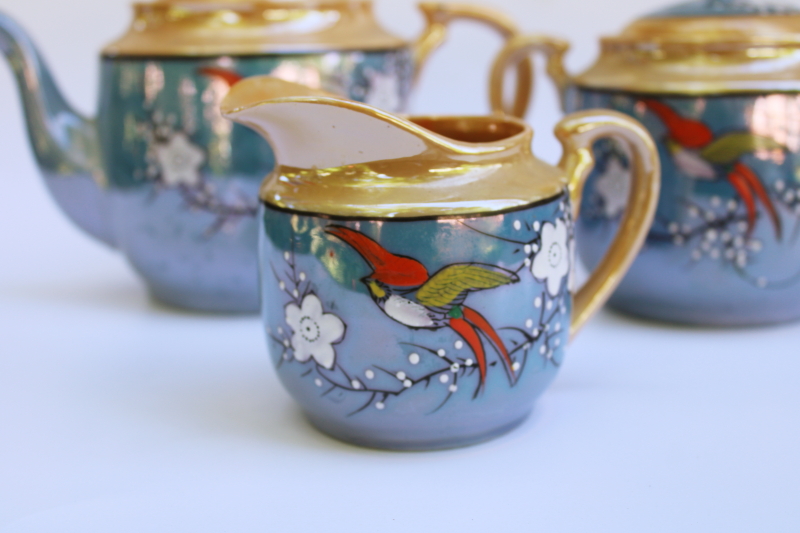 photo of vintage Japan hand painted luster porcelain teapot, cream & sugar flying birds flowering branch  #2