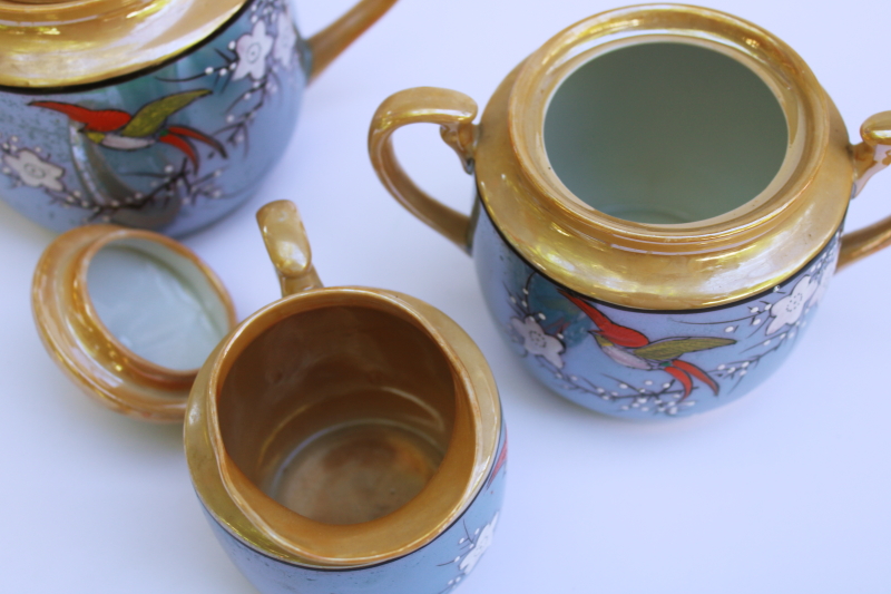 photo of vintage Japan hand painted luster porcelain teapot, cream & sugar flying birds flowering branch  #3