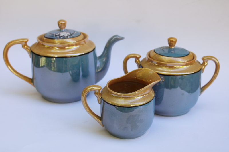 photo of vintage Japan hand painted luster porcelain teapot, cream & sugar flying birds flowering branch  #5