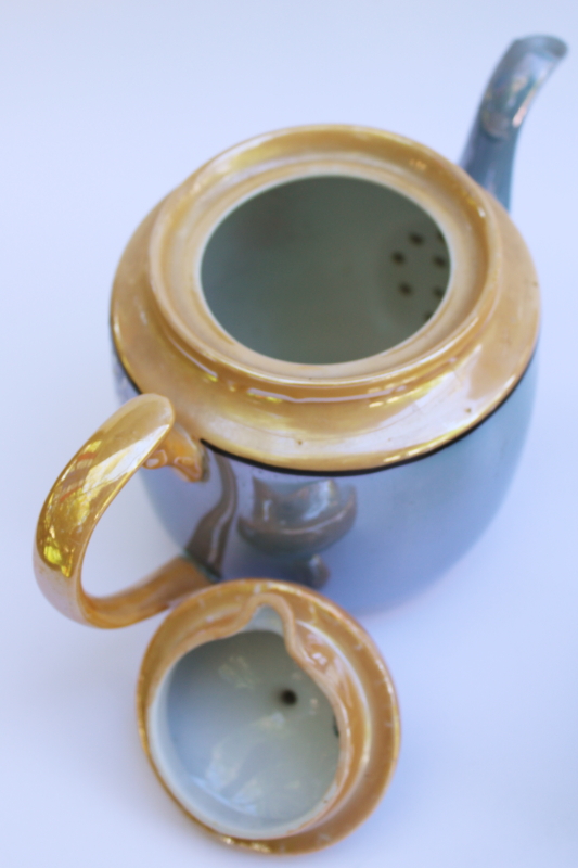 photo of vintage Japan hand painted luster porcelain teapot, cream & sugar flying birds flowering branch  #6
