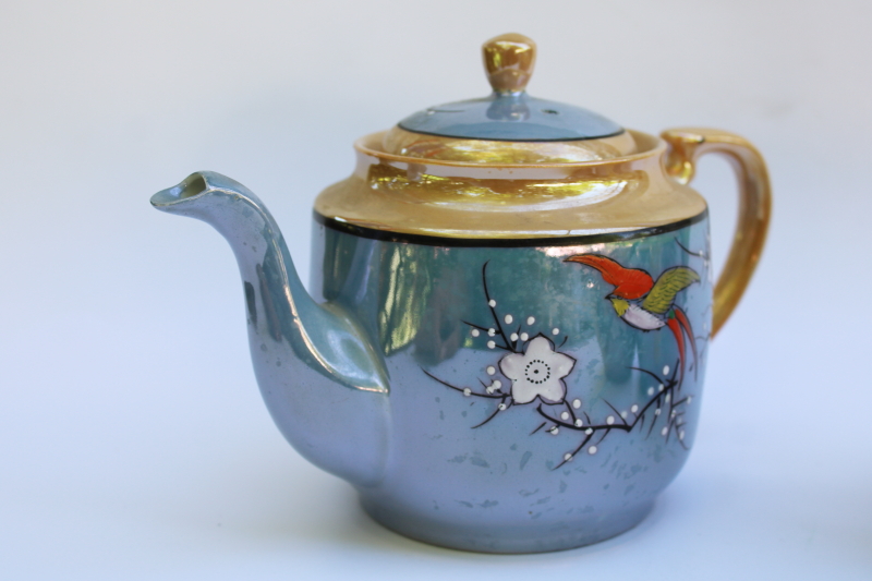 photo of vintage Japan hand painted luster porcelain teapot, cream & sugar flying birds flowering branch  #8