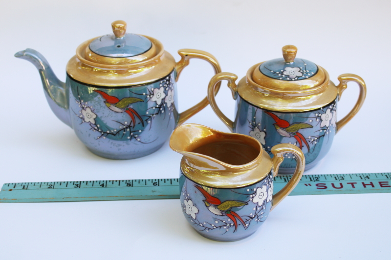 photo of vintage Japan hand painted luster porcelain teapot, cream & sugar flying birds flowering branch  #9