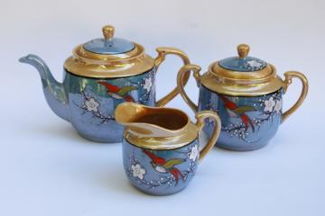 catalog photo of vintage Japan hand painted luster porcelain teapot, cream & sugar flying birds flowering branch 