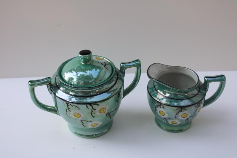 photo of vintage Japan hand painted luster ware china tea set, jade green w/ cherry or plum blossom #2
