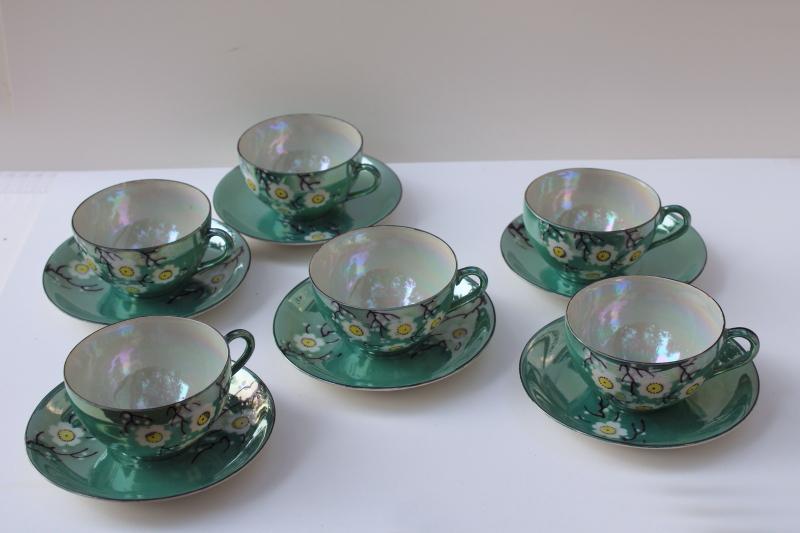 photo of vintage Japan hand painted luster ware china tea set, jade green w/ cherry or plum blossom #11