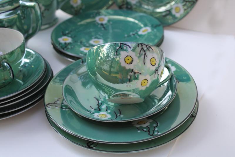 photo of vintage Japan hand painted luster ware china tea set, jade green w/ cherry or plum blossom #12
