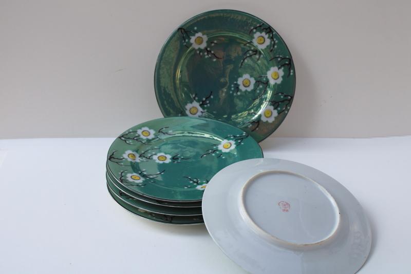 photo of vintage Japan hand painted luster ware china tea set, jade green w/ cherry or plum blossom #16
