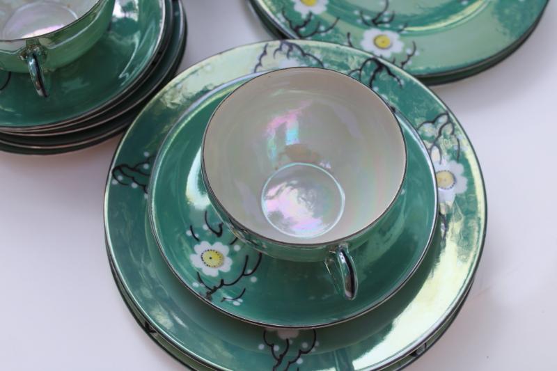 photo of vintage Japan hand painted luster ware china tea set, jade green w/ cherry or plum blossom #17