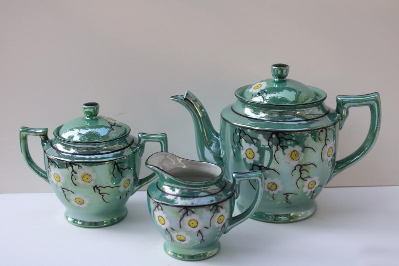 photo of vintage Japan hand painted luster ware china tea set, jade green w/ cherry or plum blossom #18